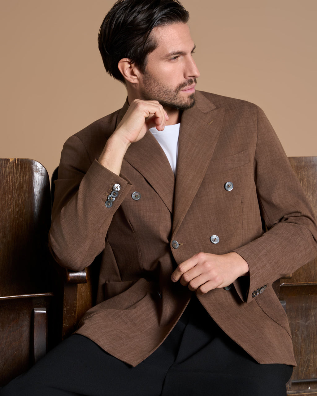 DOUBLE BREST JACKET CHOCOLATE BROWN IN TECHNO LINEN