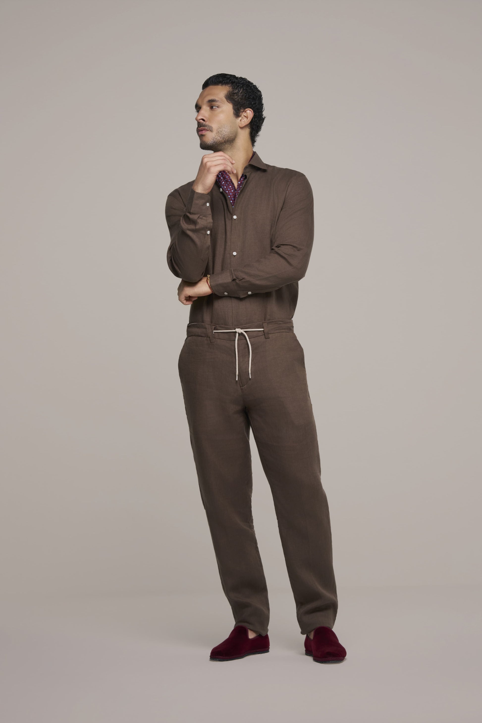 TROUSER LINEN WOOD BROWN