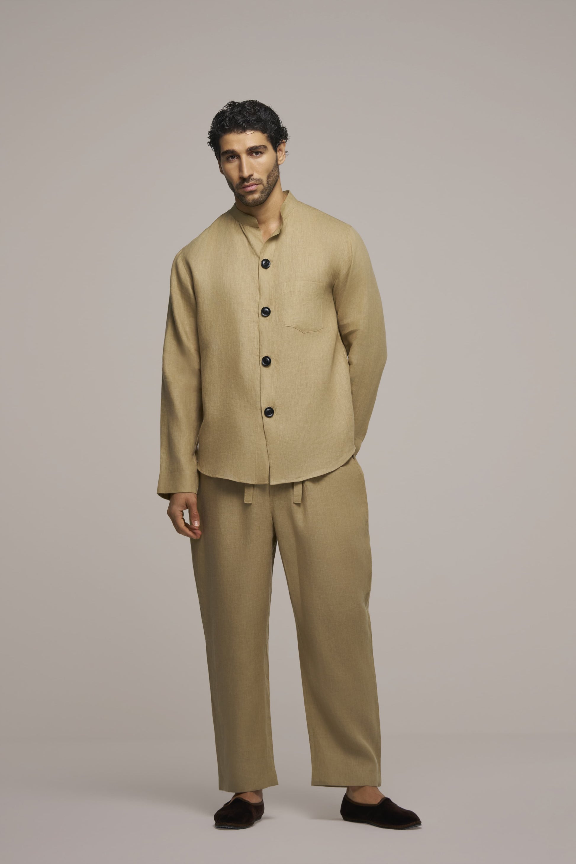 SHIRT KOREAN NECKLESS STYLE ONE POCKET GOLD SAND IN LINEN WITH BLACK BUTTON