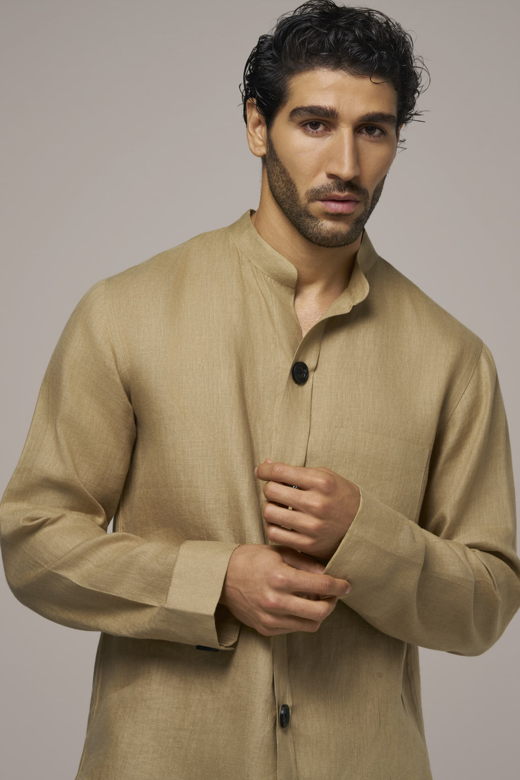 SHIRT KOREAN NECKLESS STYLE ONE POCKET GOLD SAND IN LINEN WITH BLACK BUTTON